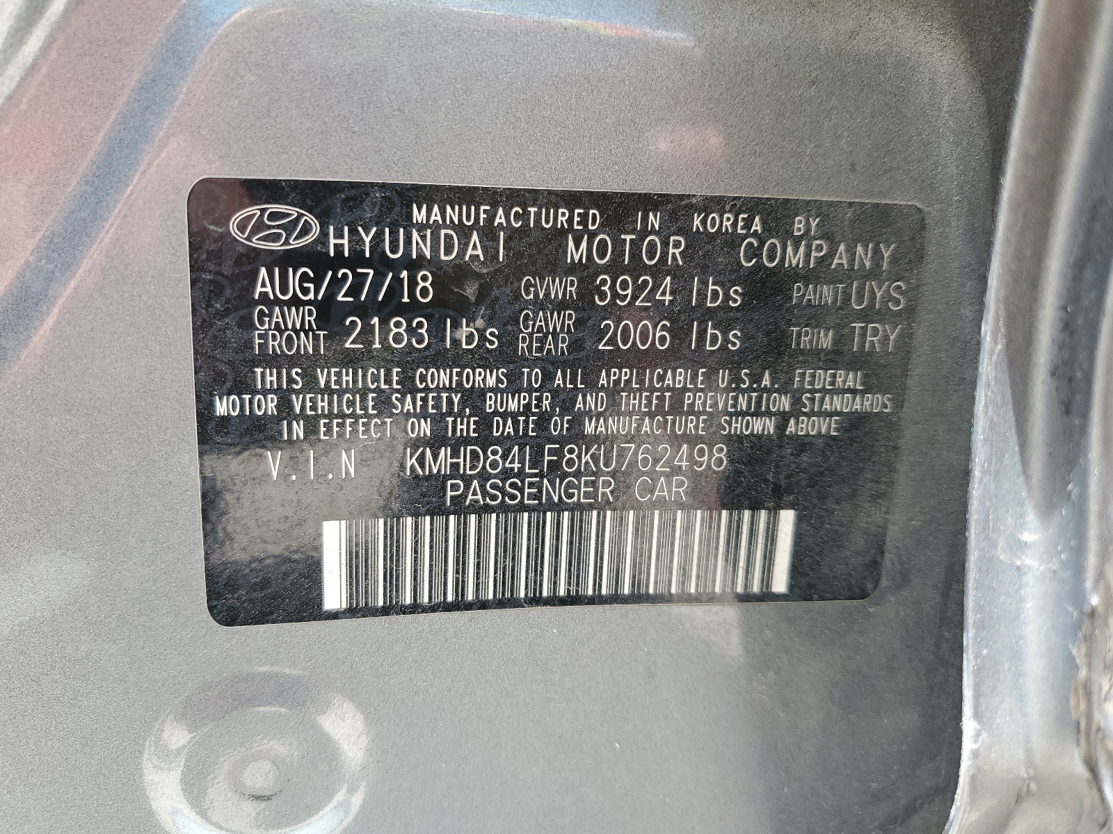 KMHD84LF8KU762498 2019 Hyundai Elantra Sel