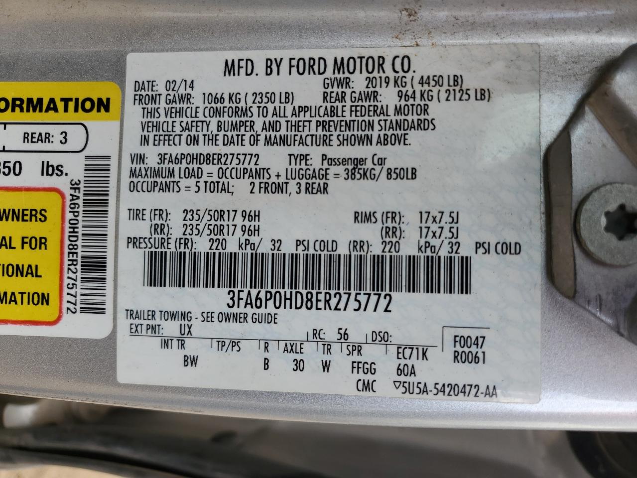 2014 Ford Fusion Se VIN: 3FA6P0HD8ER275772 Lot: 63554294