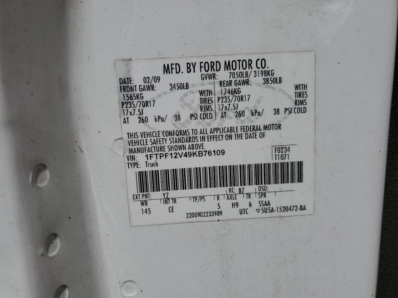 2009 Ford F150 VIN: 1FTPF12V49KB76109 Lot: 63595754