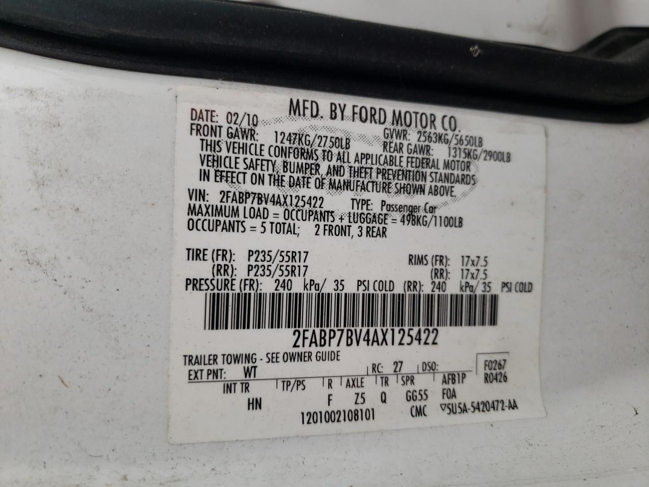 2010 Ford Crown Victoria Police Interceptor VIN: 2FABP7BV4AX125422 Lot: 64474224