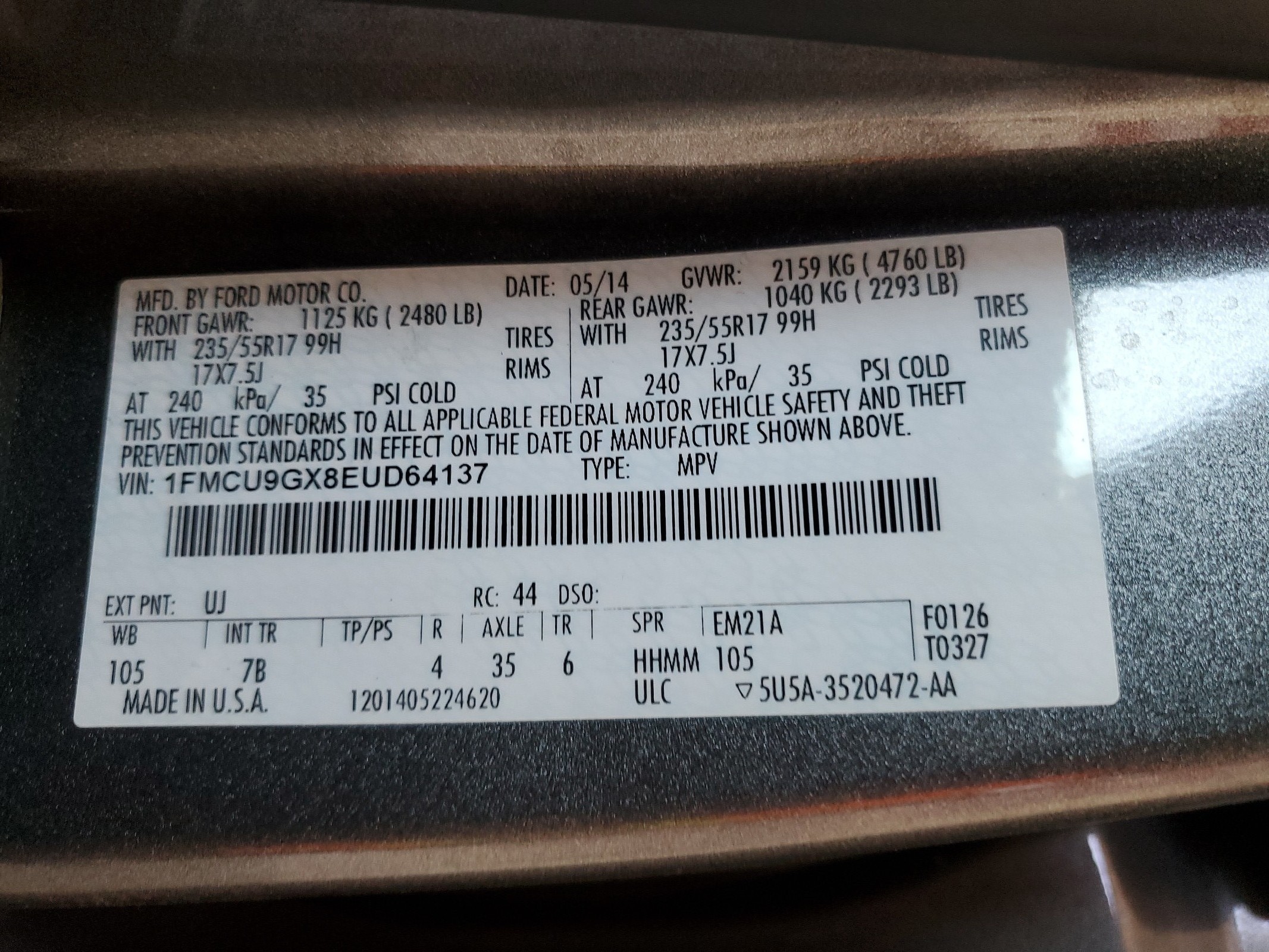 1FMCU9GX8EUD64137 2014 Ford Escape Se