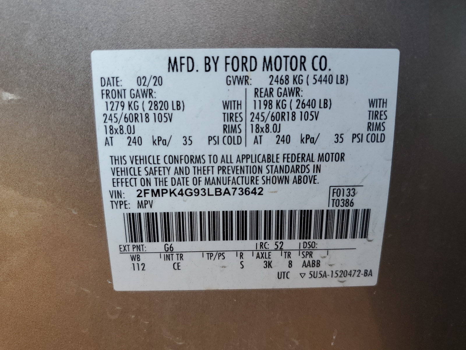 2FMPK4G93LBA73642 2020 Ford Edge Se