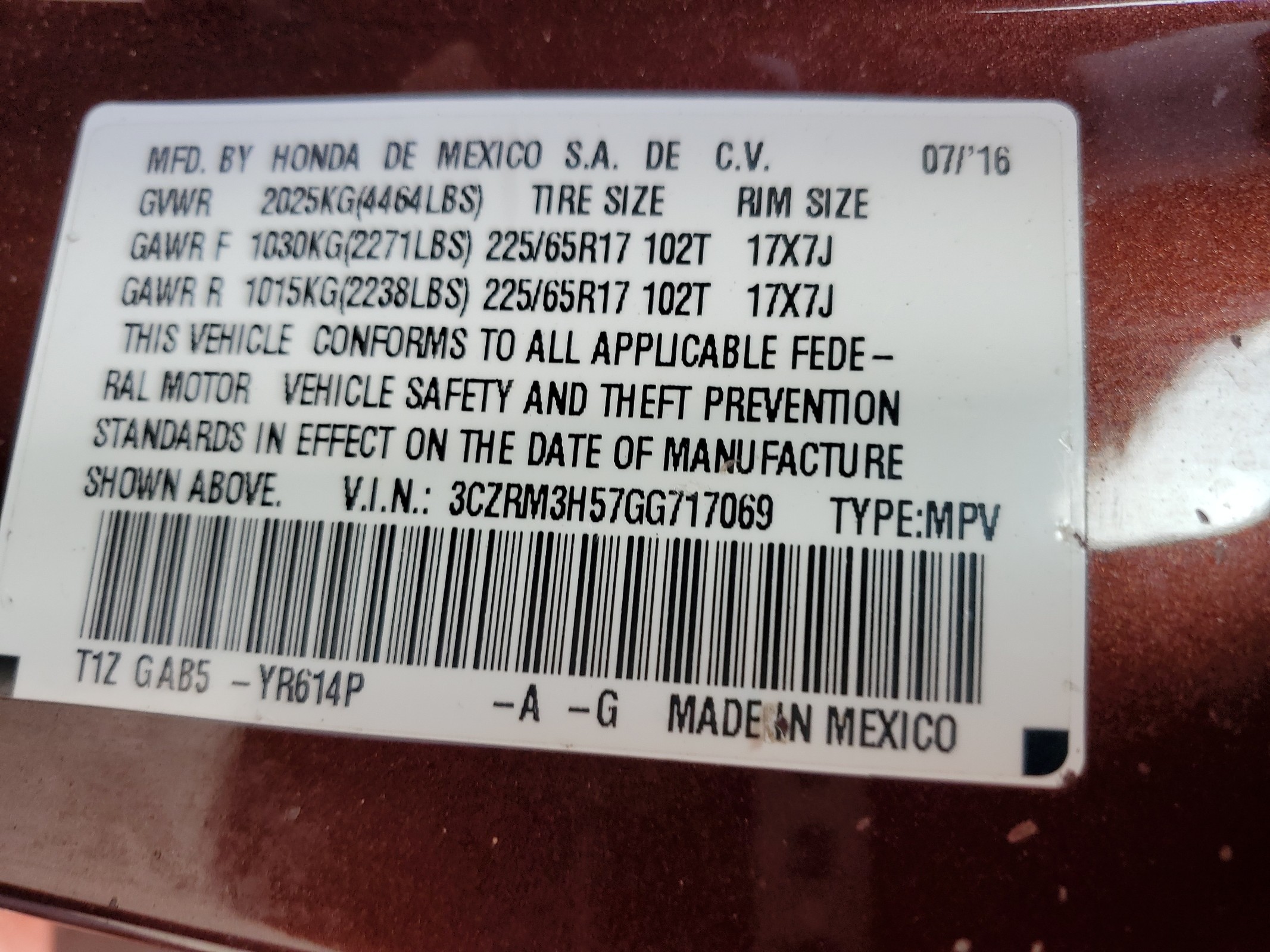 3CZRM3H57GG717069 2016 Honda Cr-V Ex