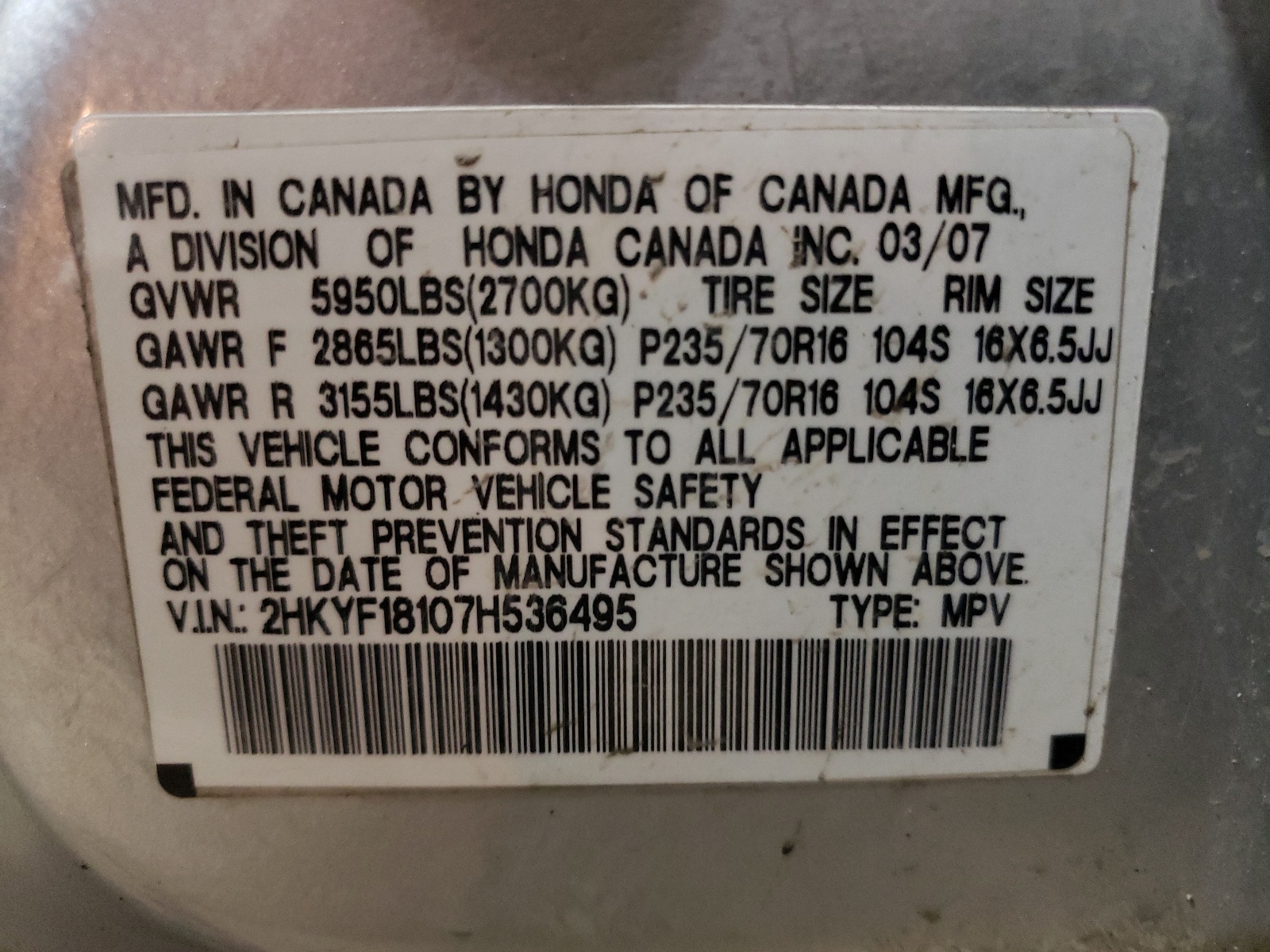 2HKYF18107H536495 2007 Honda Pilot Lx