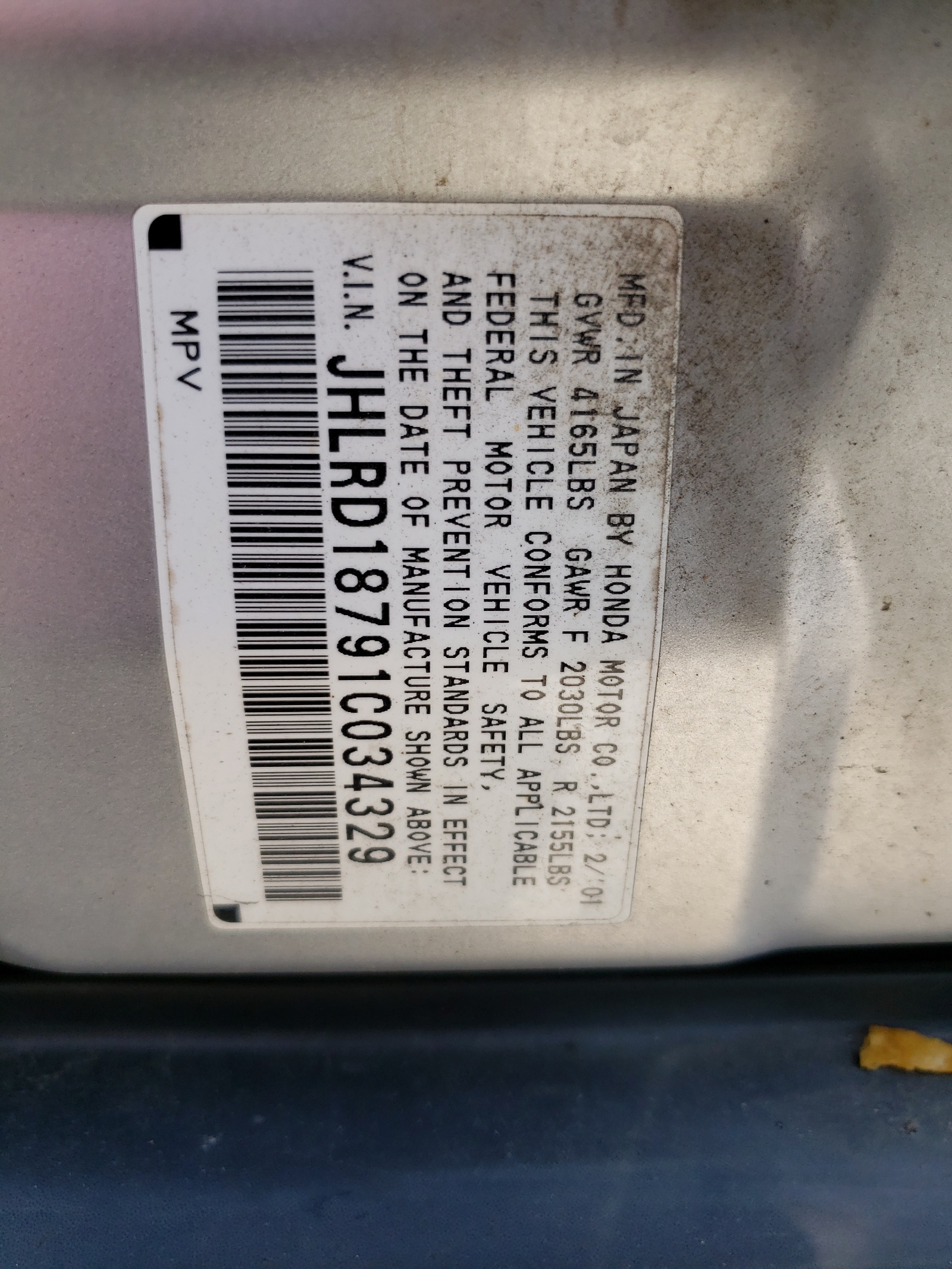 JHLRD18791C034329 2001 Honda Cr-V Se