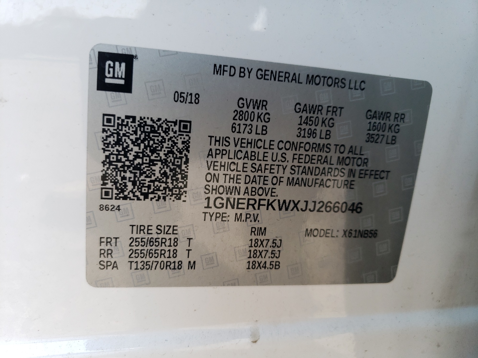 1GNERFKWXJJ266046 2018 Chevrolet Traverse Ls