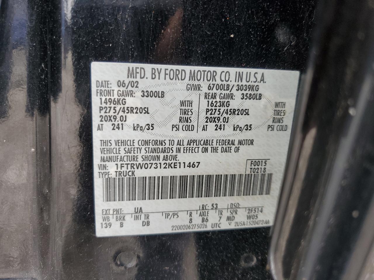 2002 Ford F150 Supercrew Harley Davidson VIN: 1FTRW07312KE11467 Lot: 80796425