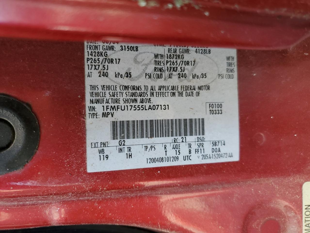 2005 Ford Expedition Eddie Bauer VIN: 1FMFU17555LA07131 Lot: 62803414