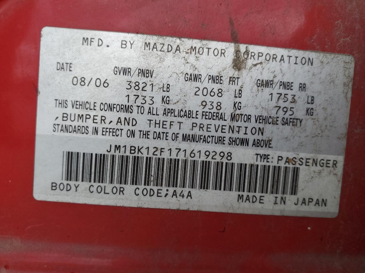 2007 Mazda 3 I VIN: JM1BK12F171619298 Lot: 62331934