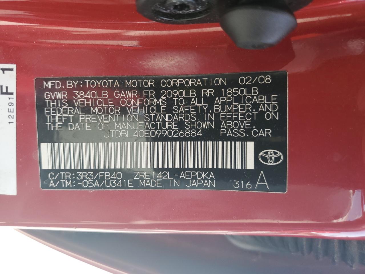 2009 Toyota Corolla Base VIN: JTDBL40E099026884 Lot: 65547264