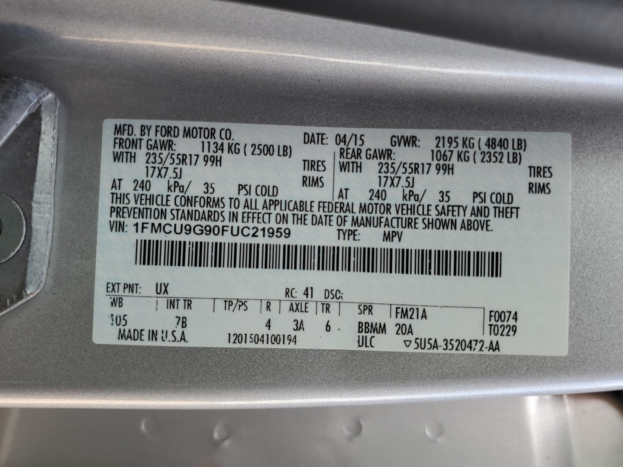 1FMCU9G90FUC21959 2015 Ford Escape Se