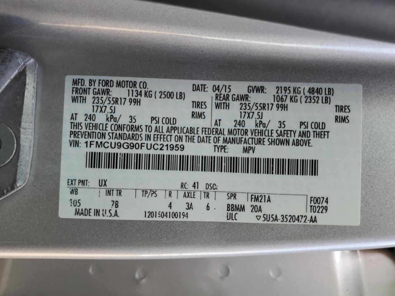 2015 Ford Escape Se VIN: 1FMCU9G90FUC21959 Lot: 62636224