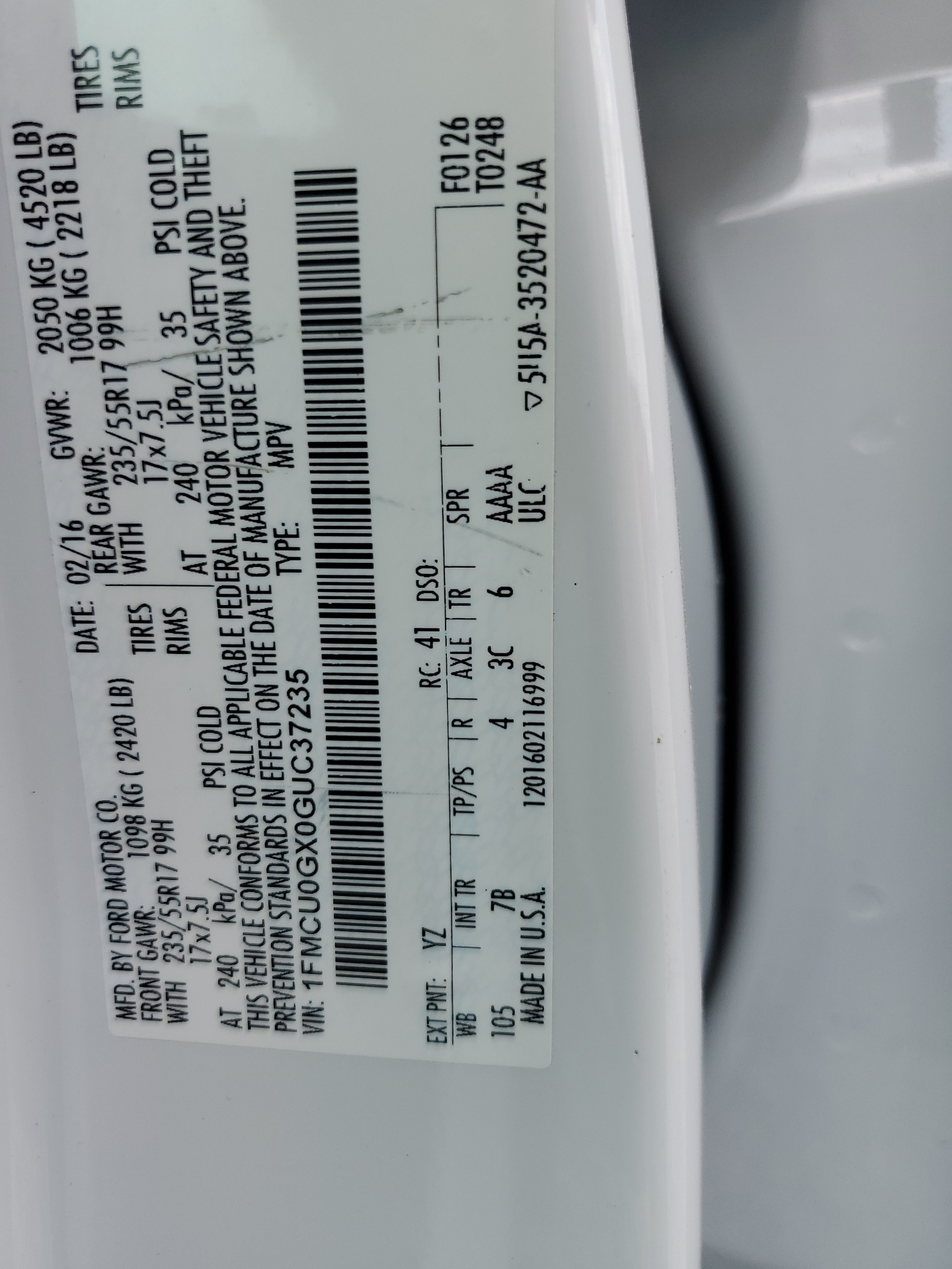 1FMCU0GX0GUC37235 2016 Ford Escape Se