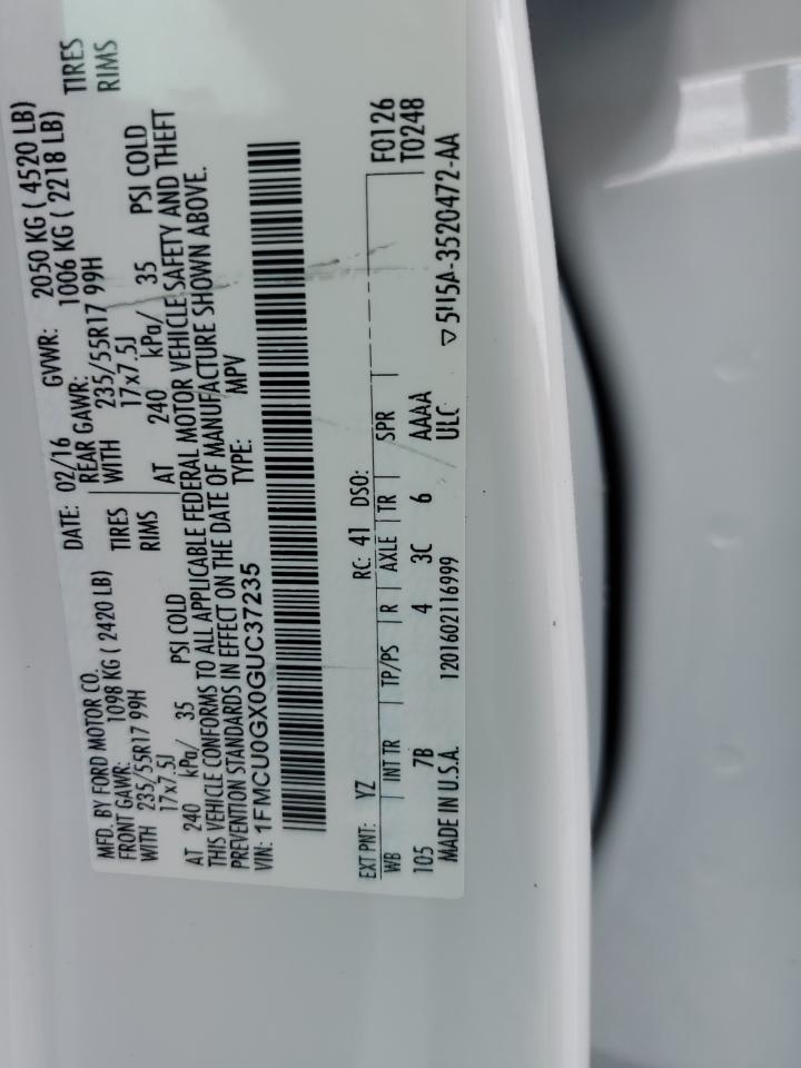 2016 Ford Escape Se VIN: 1FMCU0GX0GUC37235 Lot: 64498854