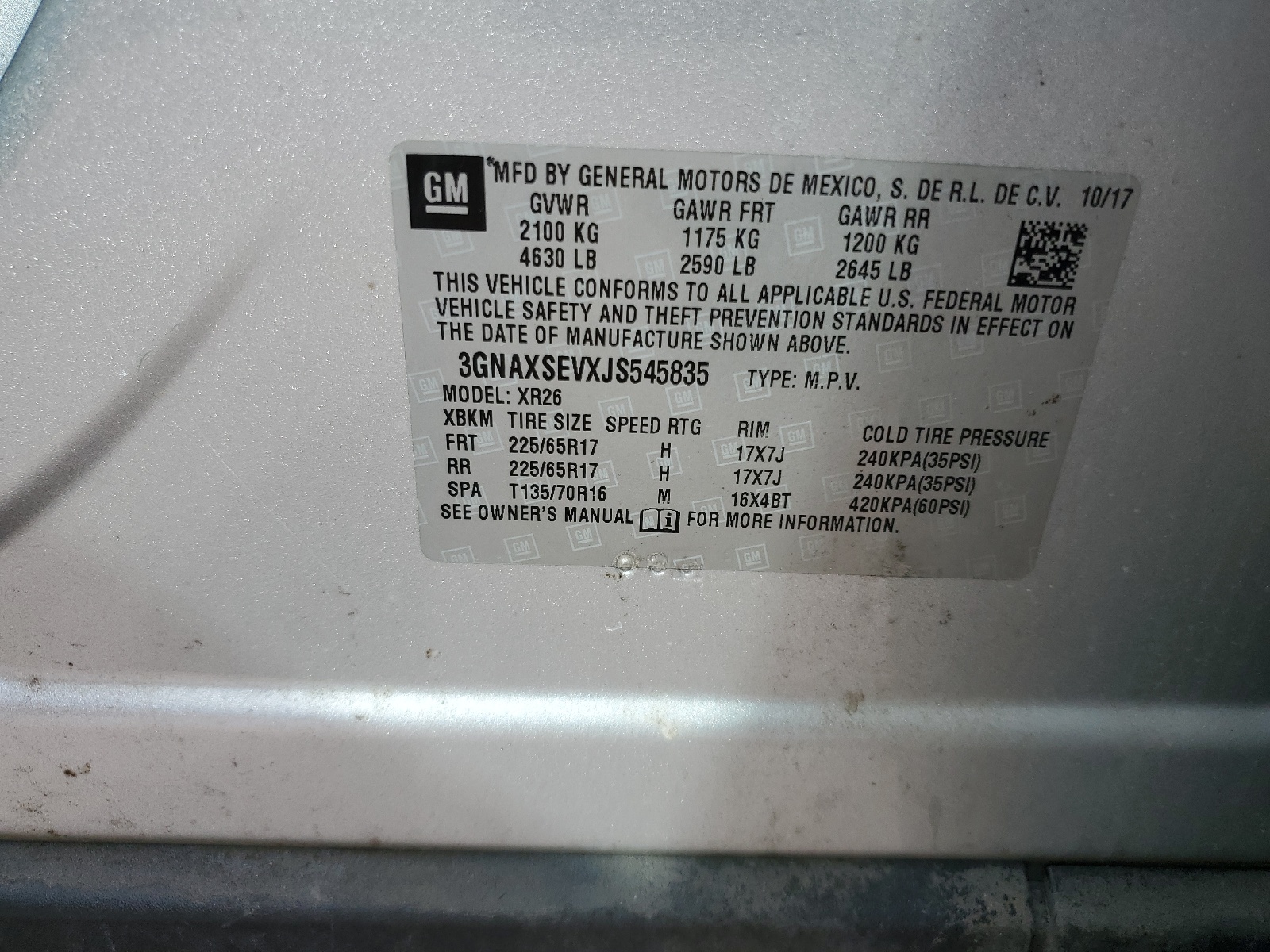 3GNAXSEVXJS545835 2018 Chevrolet Equinox Lt