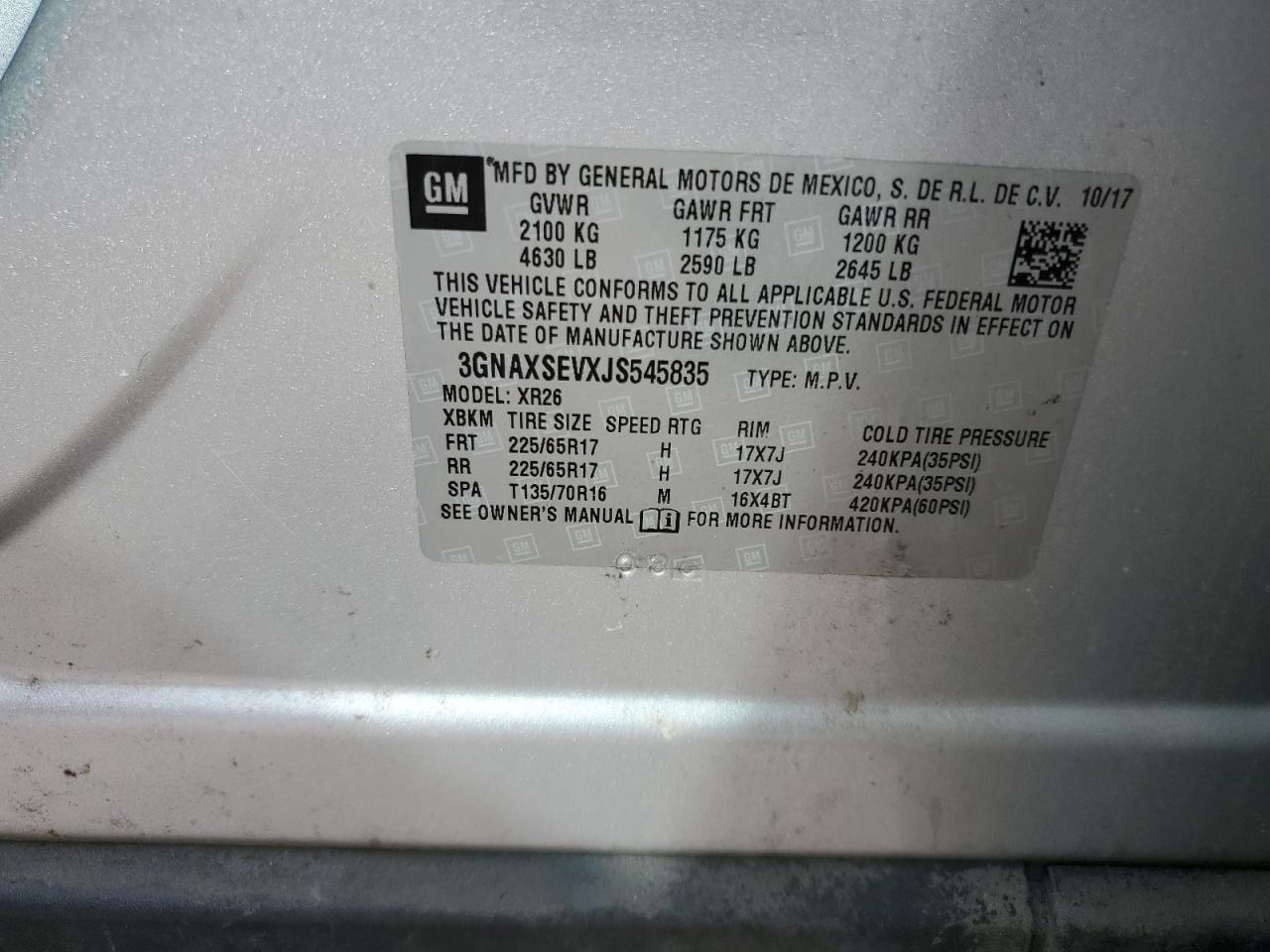 2018 Chevrolet Equinox Lt VIN: 3GNAXSEVXJS545835 Lot: 63665854