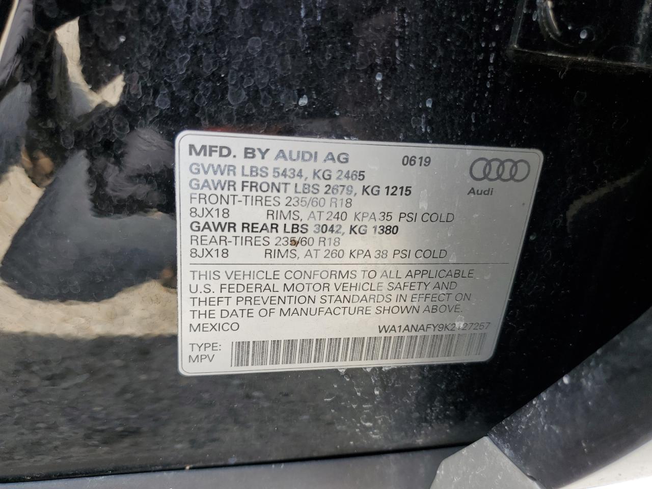 WA1ANAFY9K2127257 2019 Audi Q5 Premium