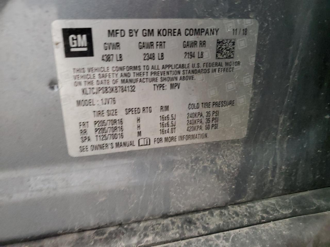 2019 Chevrolet Trax 1Lt VIN: KL7CJPSB3KB784132 Lot: 61719524