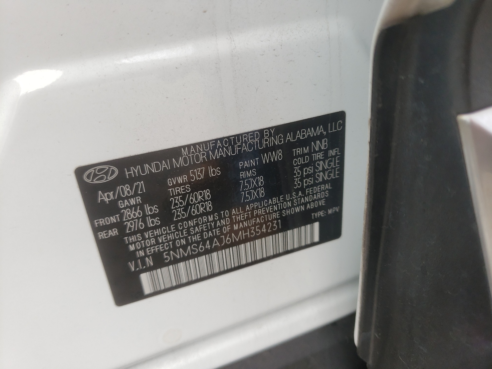 5NMS64AJ6MH354231 2021 Hyundai Santa Fe Sel