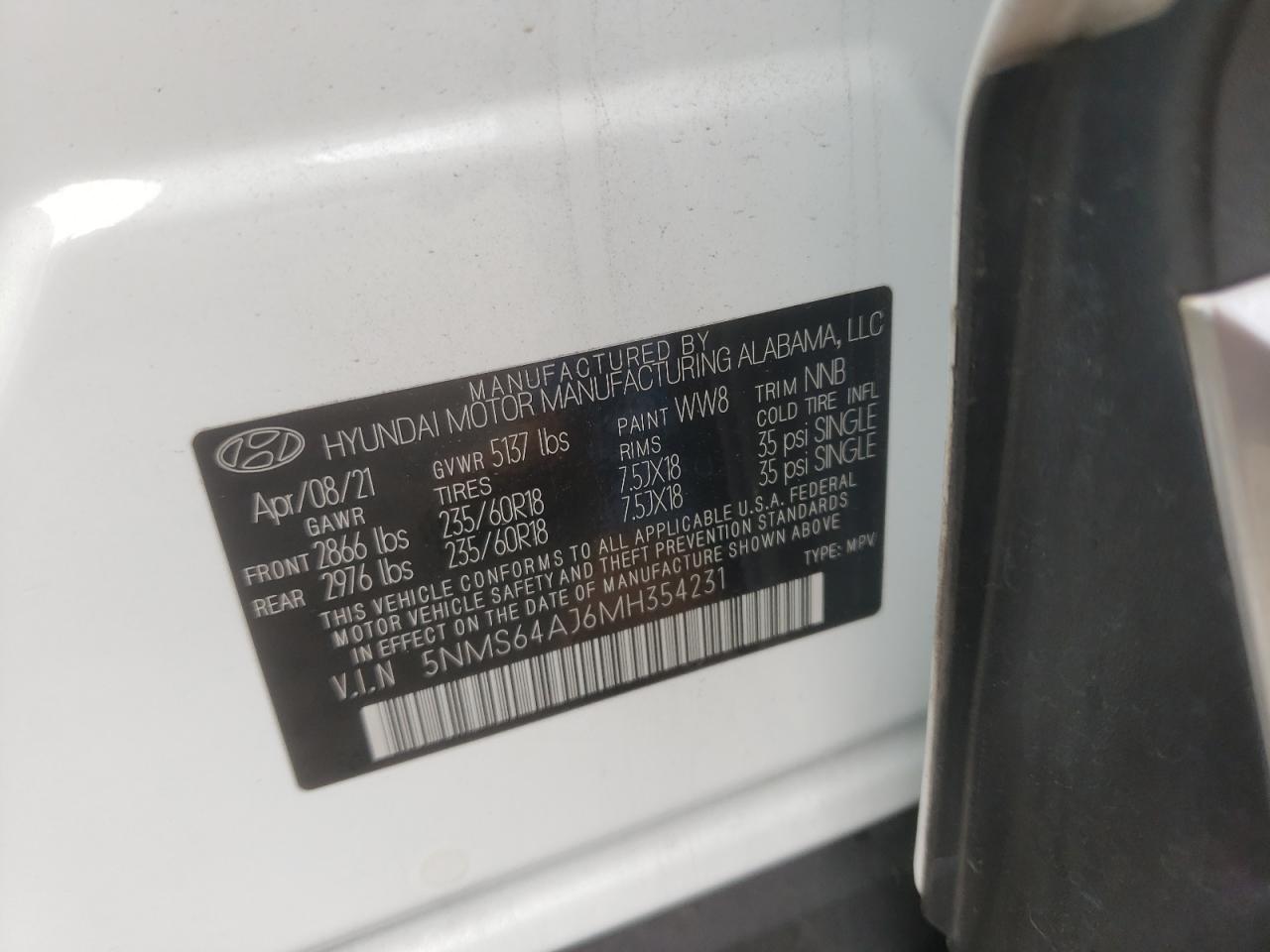 2021 Hyundai Santa Fe Sel VIN: 5NMS64AJ6MH354231 Lot: 61256664