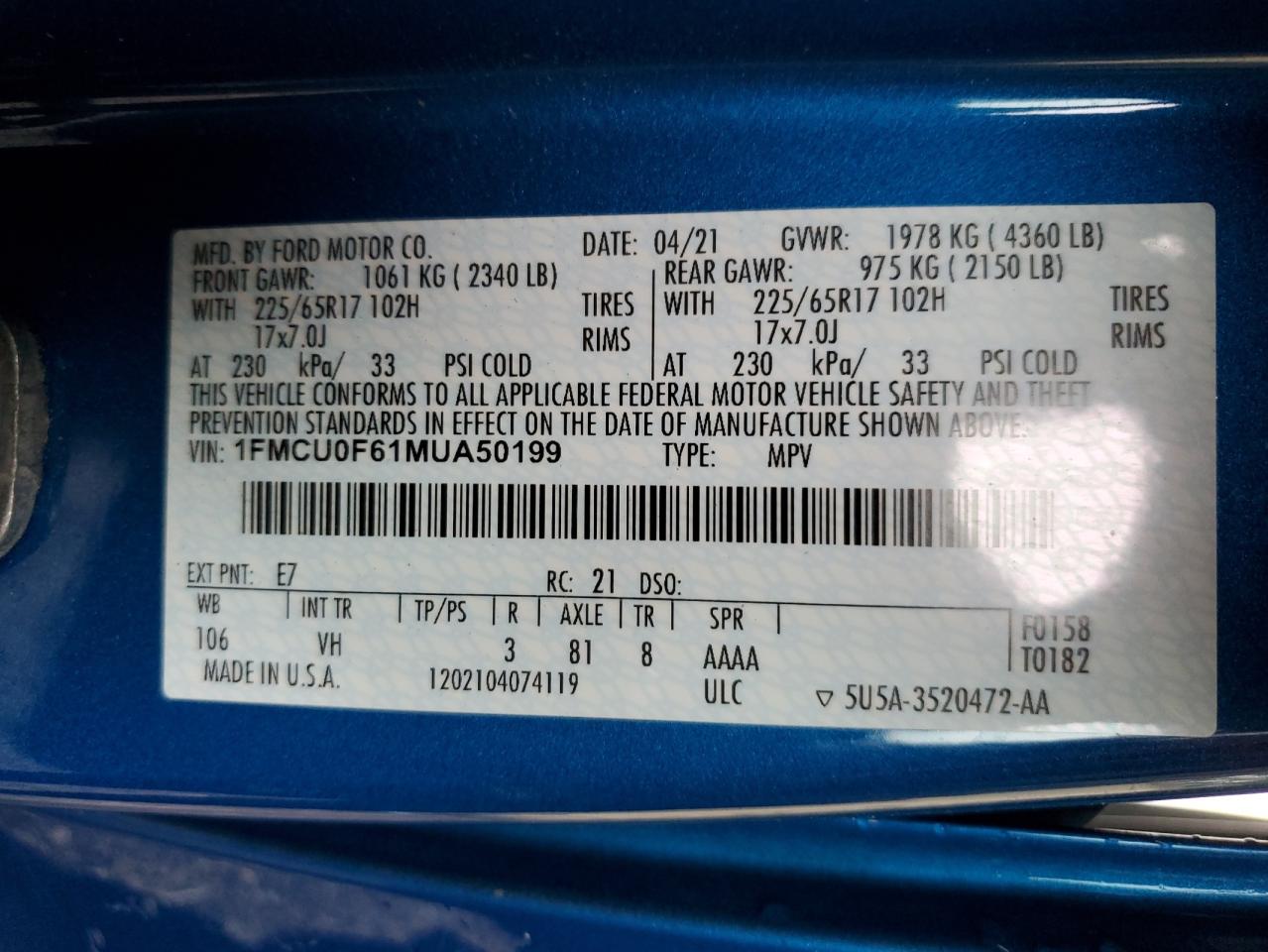 1FMCU0F61MUA50199 2021 Ford Escape S