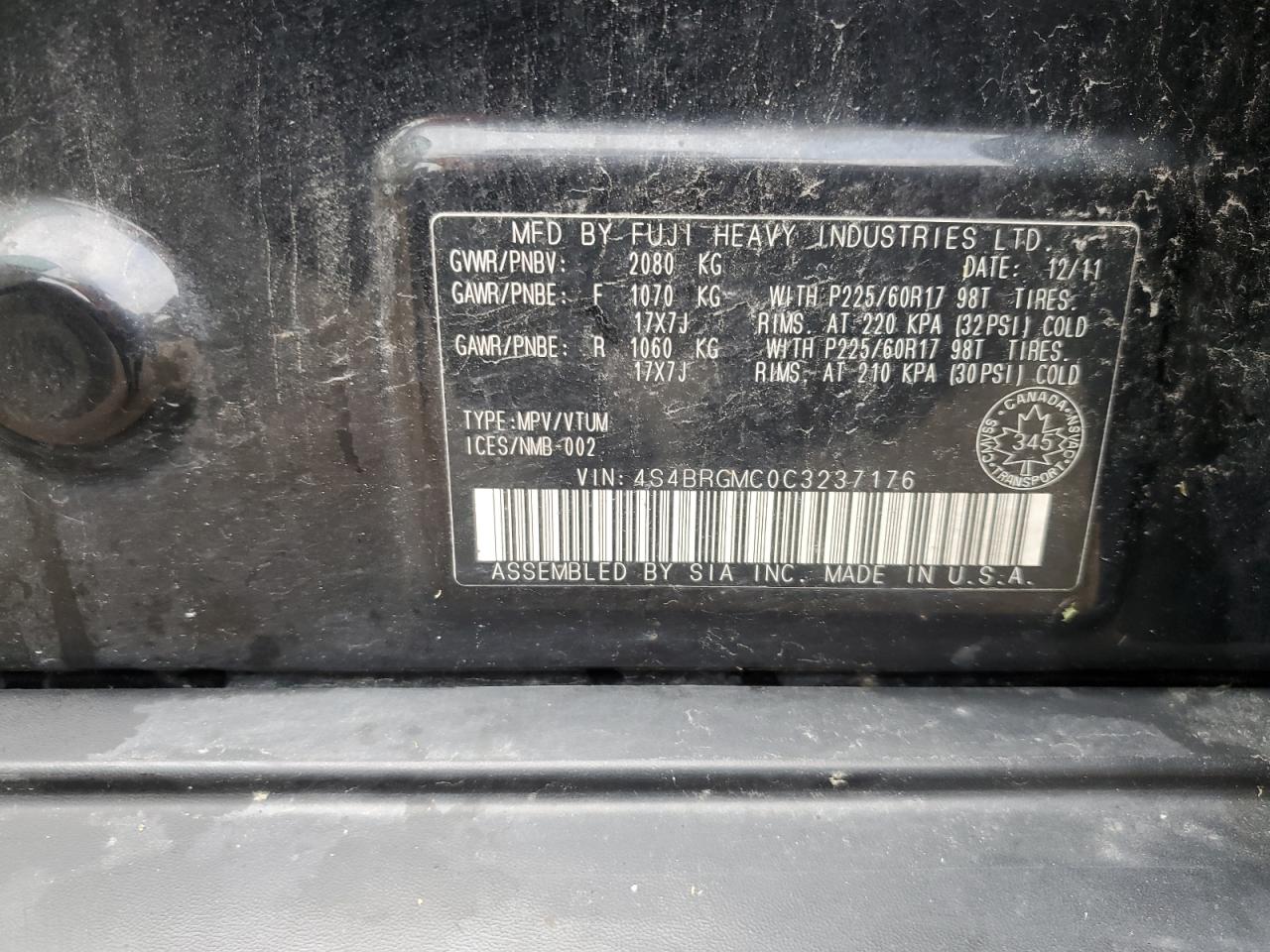 2012 Subaru Outback 2.5I Limited VIN: 4S4BRGMC0C3237176 Lot: 65210394