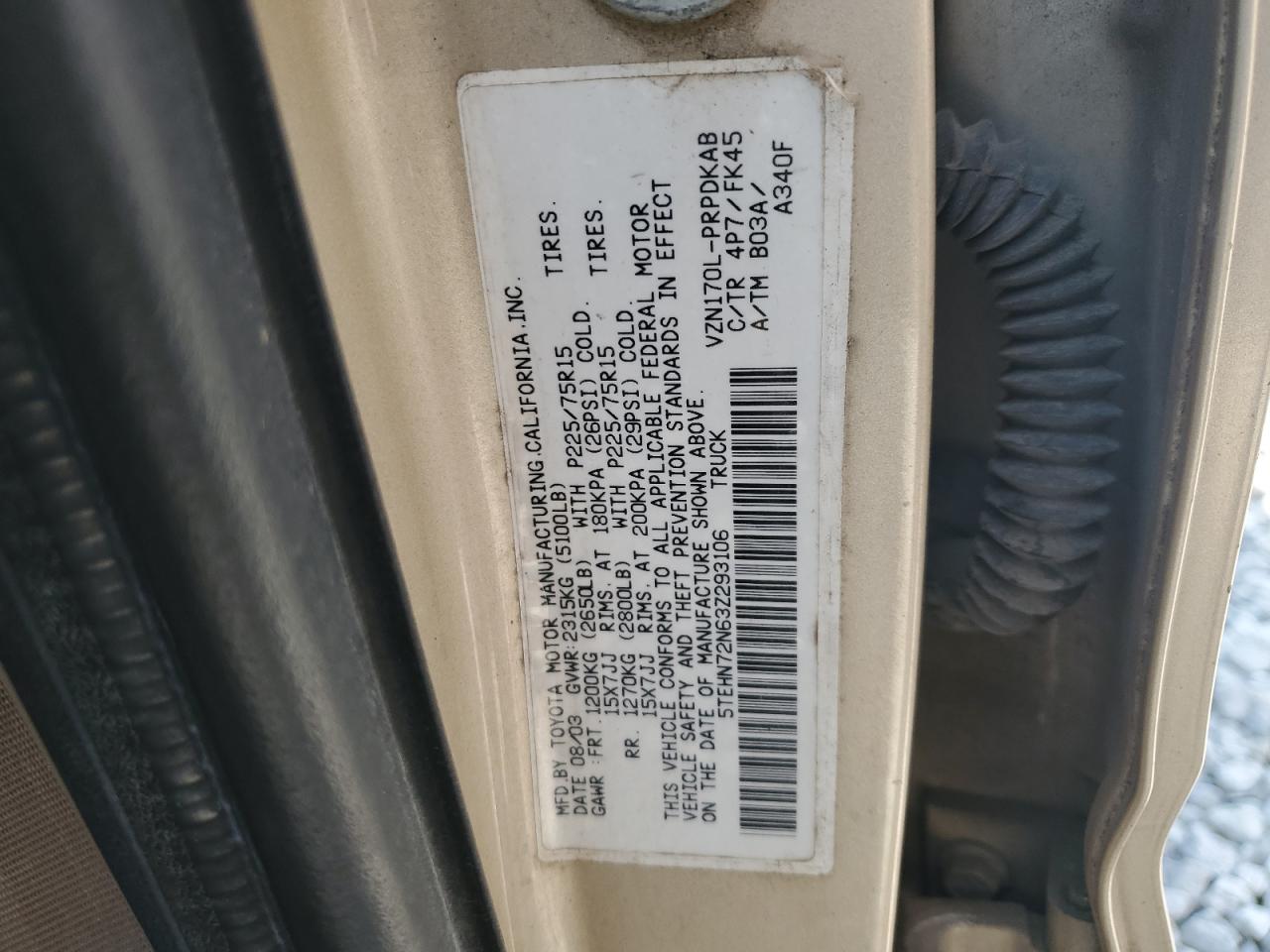 2003 Toyota Tacoma Double Cab VIN: 5TEHN72N63Z293106 Lot: 62249824