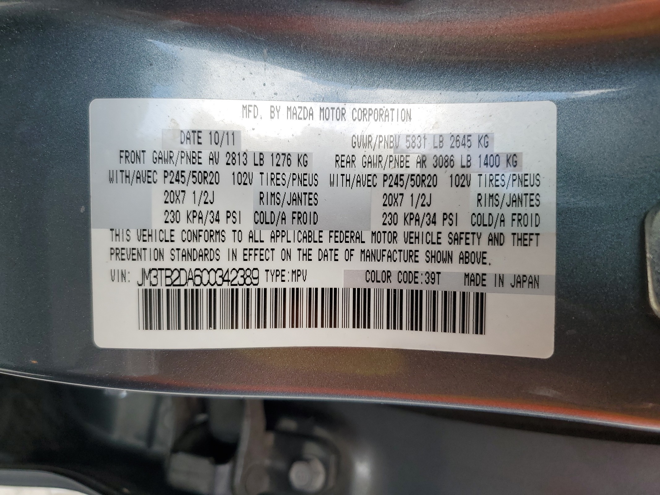 JM3TB2DA6C0342389 2012 Mazda Cx-9