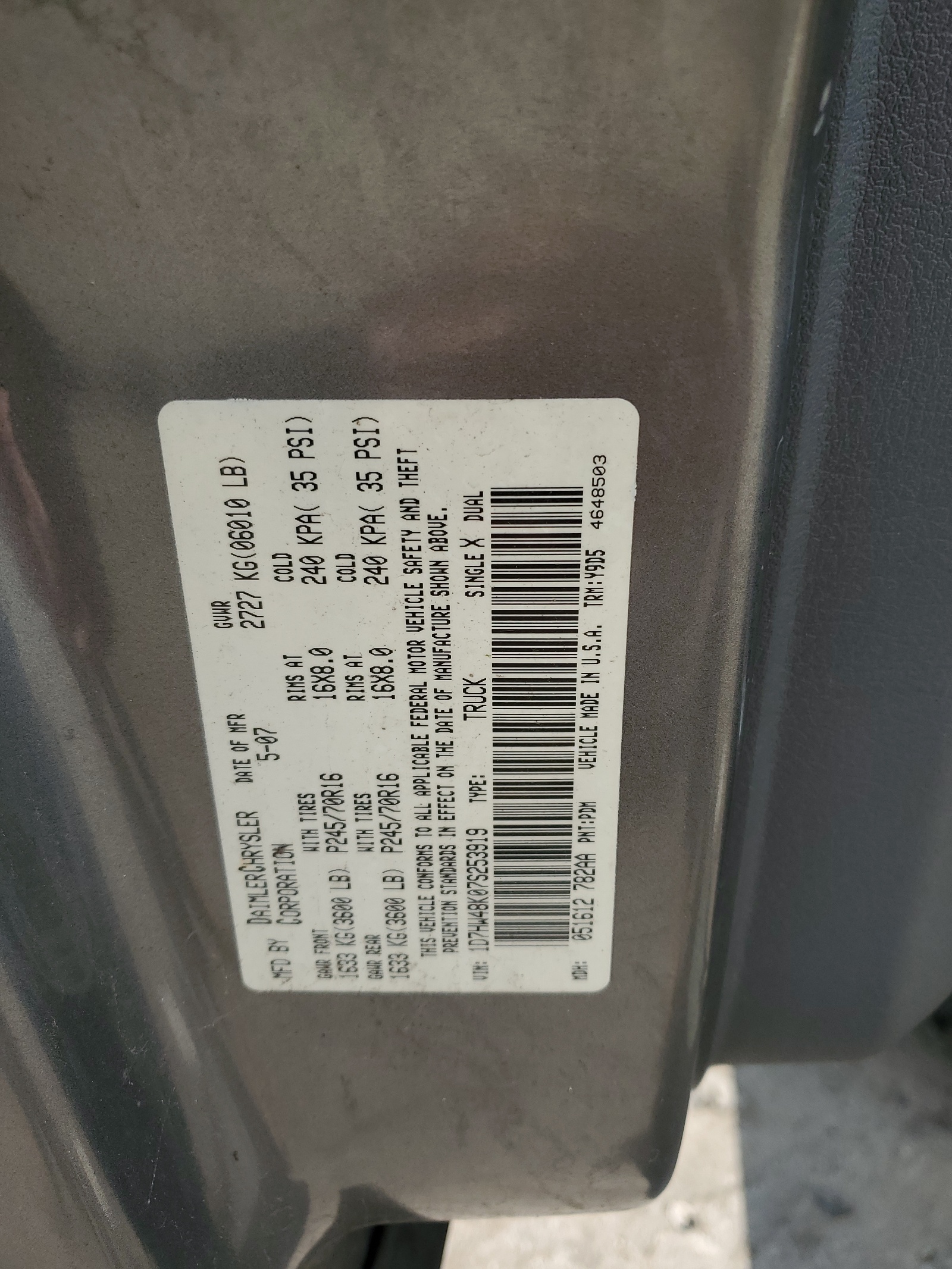 1D7HW48K07S253919 2007 Dodge Dakota Quad Slt