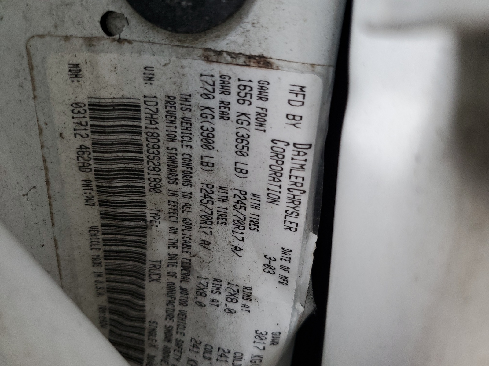 1D7HA18D93S281890 2003 Dodge Ram 1500 St