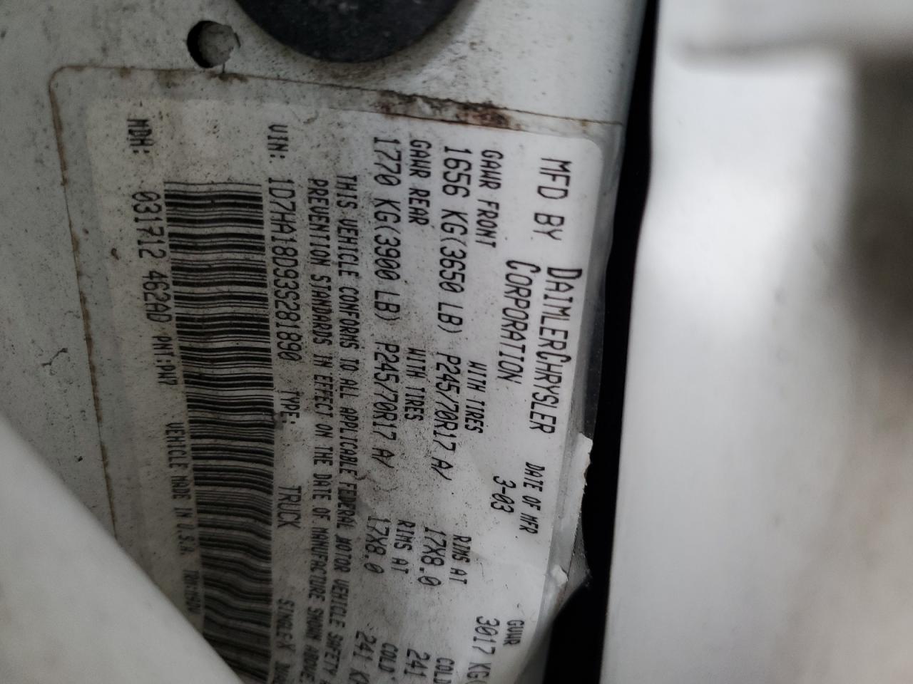 2003 Dodge Ram 1500 St VIN: 1D7HA18D93S281890 Lot: 61381924