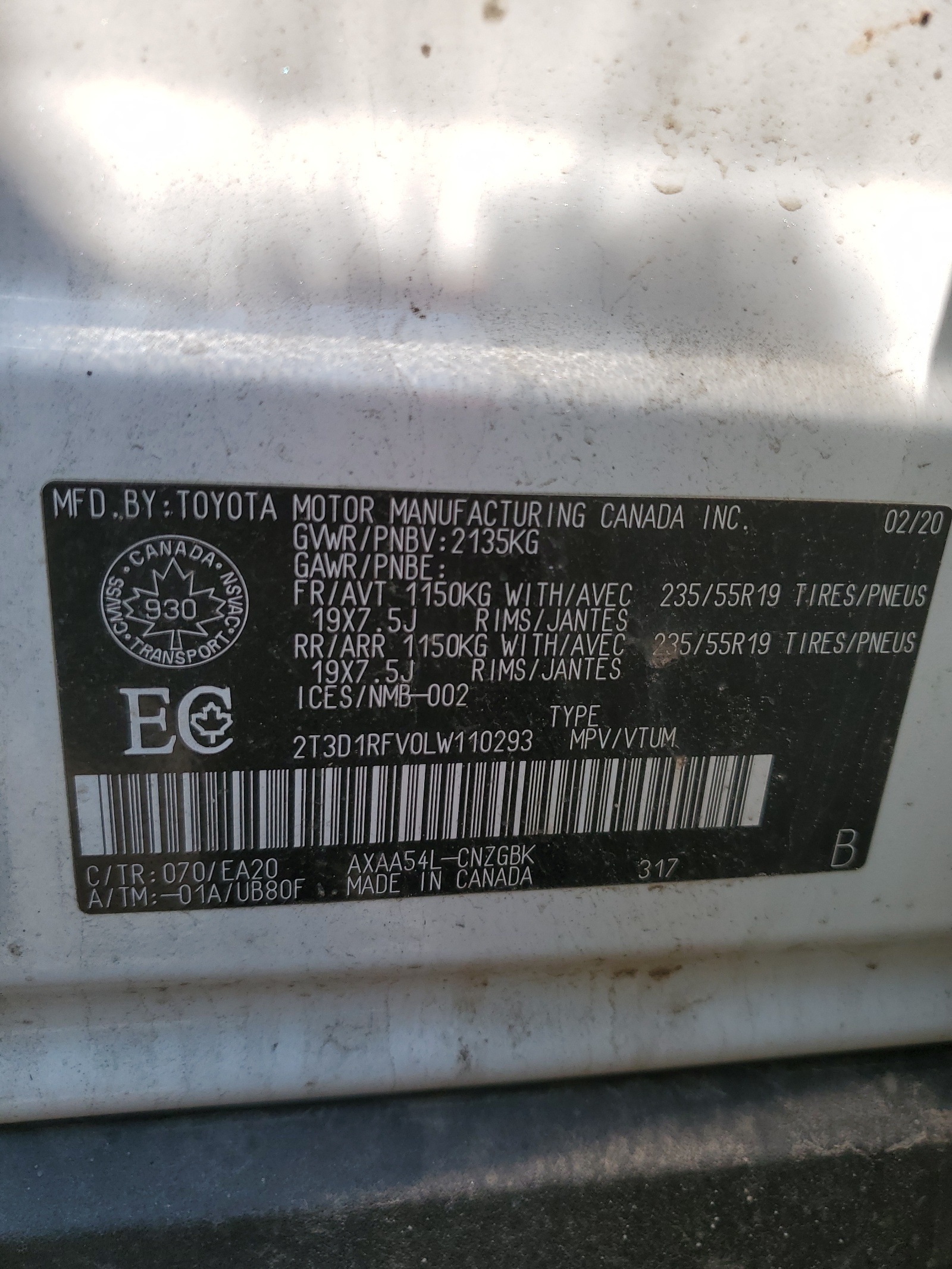 2T3D1RFV0LW110293 2020 Toyota Rav4 Limited