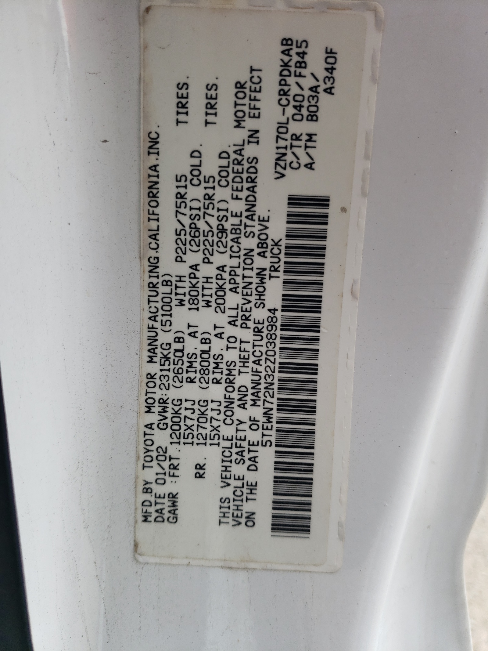 5TEWN72N32Z038984 2002 Toyota Tacoma Xtracab