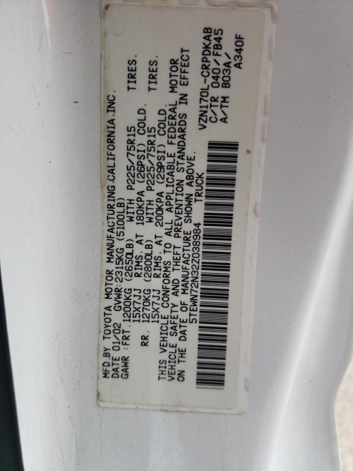 2002 Toyota Tacoma Xtracab VIN: 5TEWN72N32Z038984 Lot: 62116154