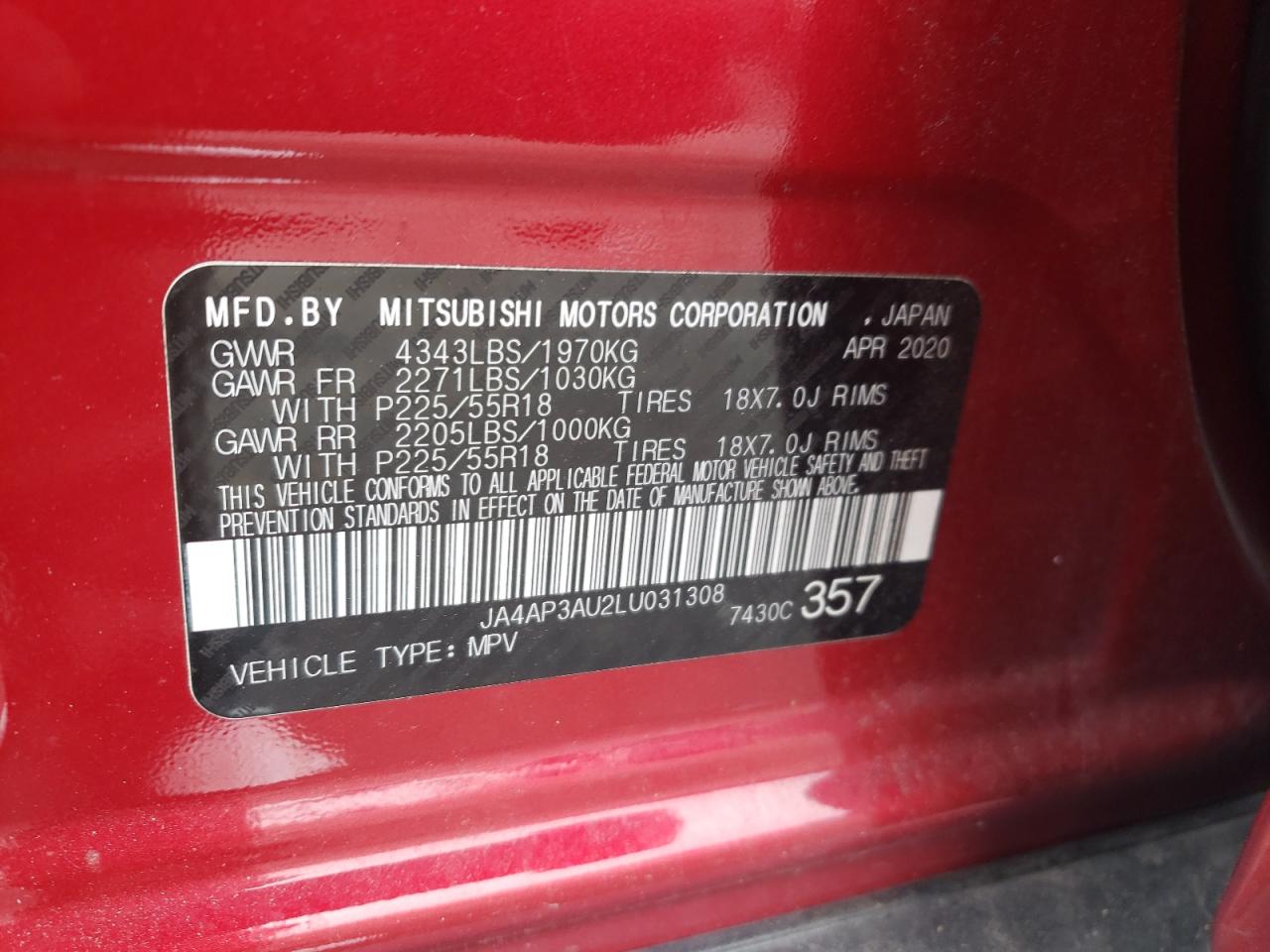 2020 Mitsubishi Outlander Sport Es VIN: JA4AP3AU2LU031308 Lot: 63753314