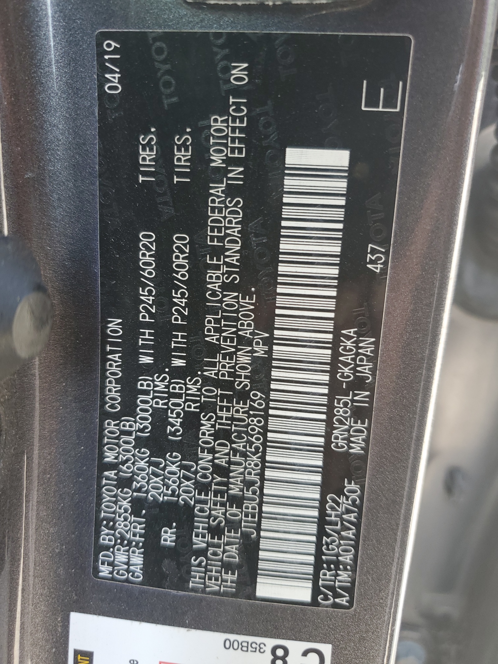 JTEBU5JR8K5698169 2019 Toyota 4Runner Sr5