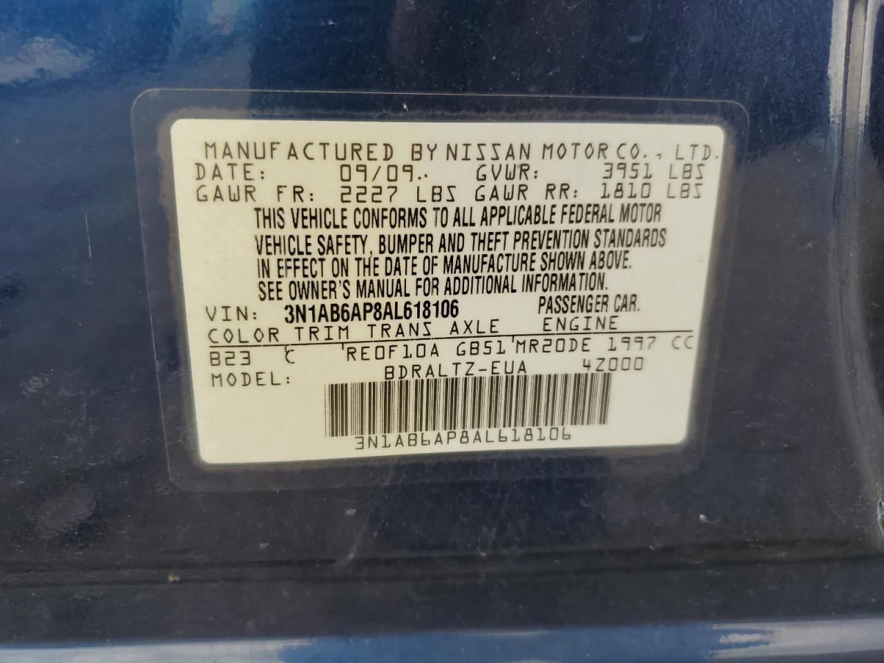 2010 Nissan Sentra 2.0 VIN: 3N1AB6AP8AL618106 Lot: 64654774