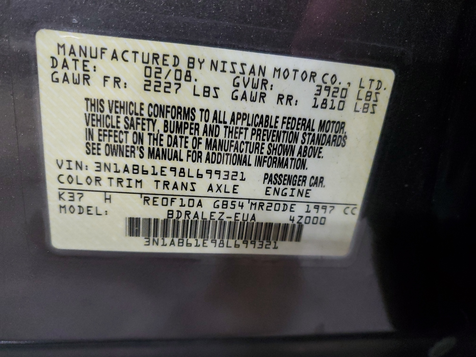 3N1AB61E98L699321 2008 Nissan Sentra 2.0