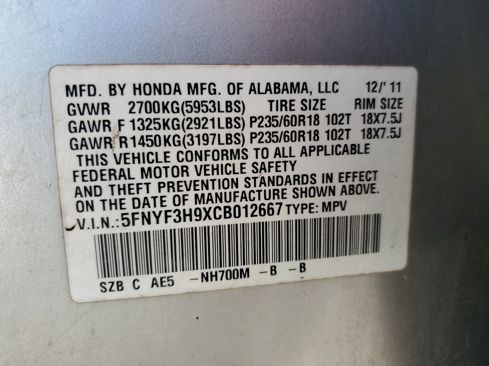 5FNYF3H9XCB012667 2012 Honda Pilot Touring