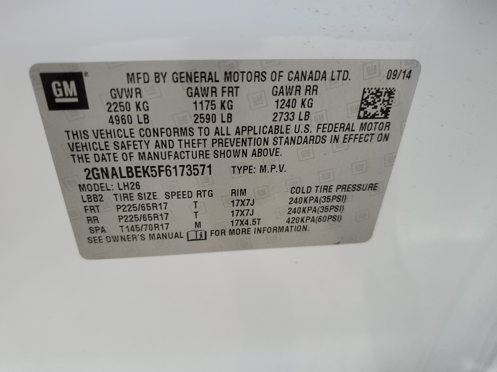 2GNALBEK5F6173571 2015 Chevrolet Equinox Lt