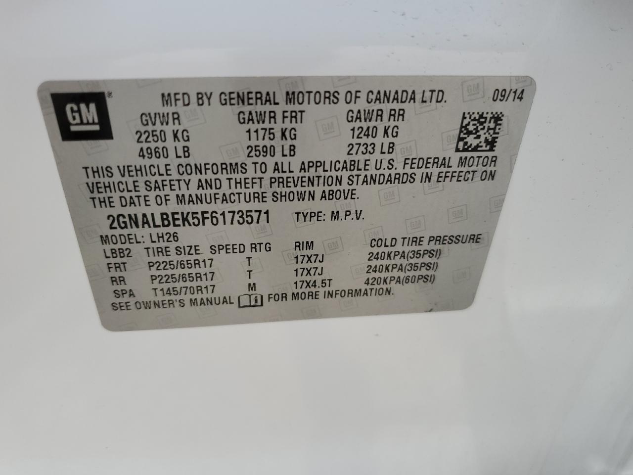 2015 Chevrolet Equinox Lt VIN: 2GNALBEK5F6173571 Lot: 63784344