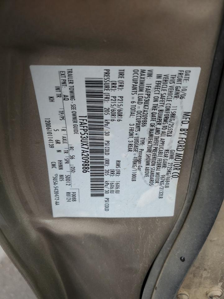 2007 Ford Taurus Se VIN: 1FAFP53UX7A209886 Lot: 62124284