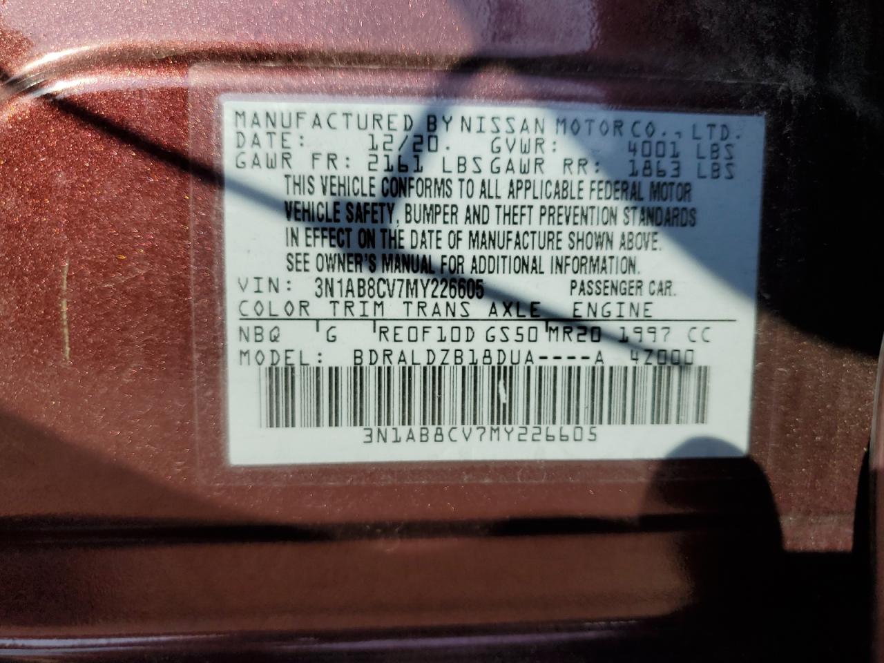 2021 Nissan Sentra Sv VIN: 3N1AB8CV7MY226605 Lot: 64793804