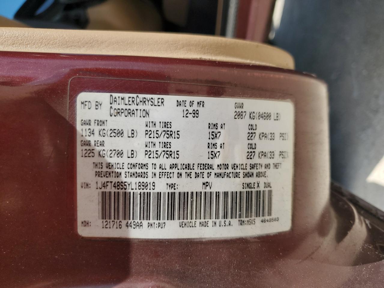 2000 Jeep Cherokee Sport VIN: 1J4FT48S5YL189019 Lot: 61498044