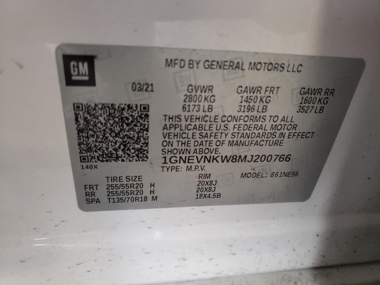 2021 Chevrolet Traverse High Country VIN: 1GNEVNKW8MJ200766 Lot: 61873134