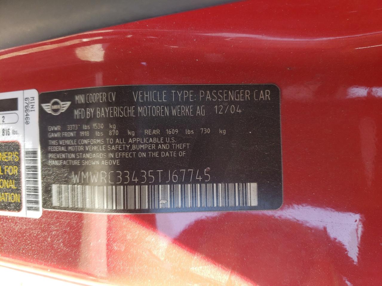 2005 Mini Cooper VIN: WMWRC33435TJ67745 Lot: 64479464
