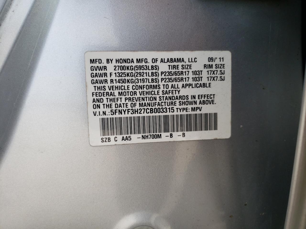 2012 Honda Pilot Lx VIN: 5FNYF3H27CB003315 Lot: 62051214