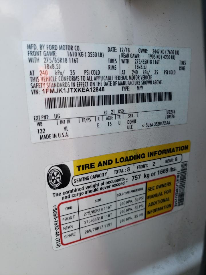 2019 Ford Expedition Max Xlt VIN: 1FMJK1JTXKEA12848 Lot: 62308584