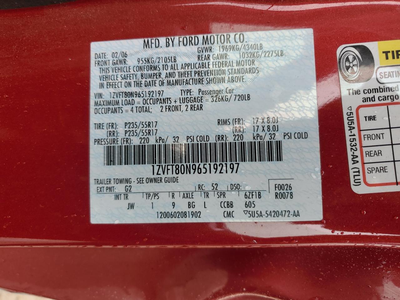 2006 Ford Mustang VIN: 1ZVFT80N965192197 Lot: 61902994