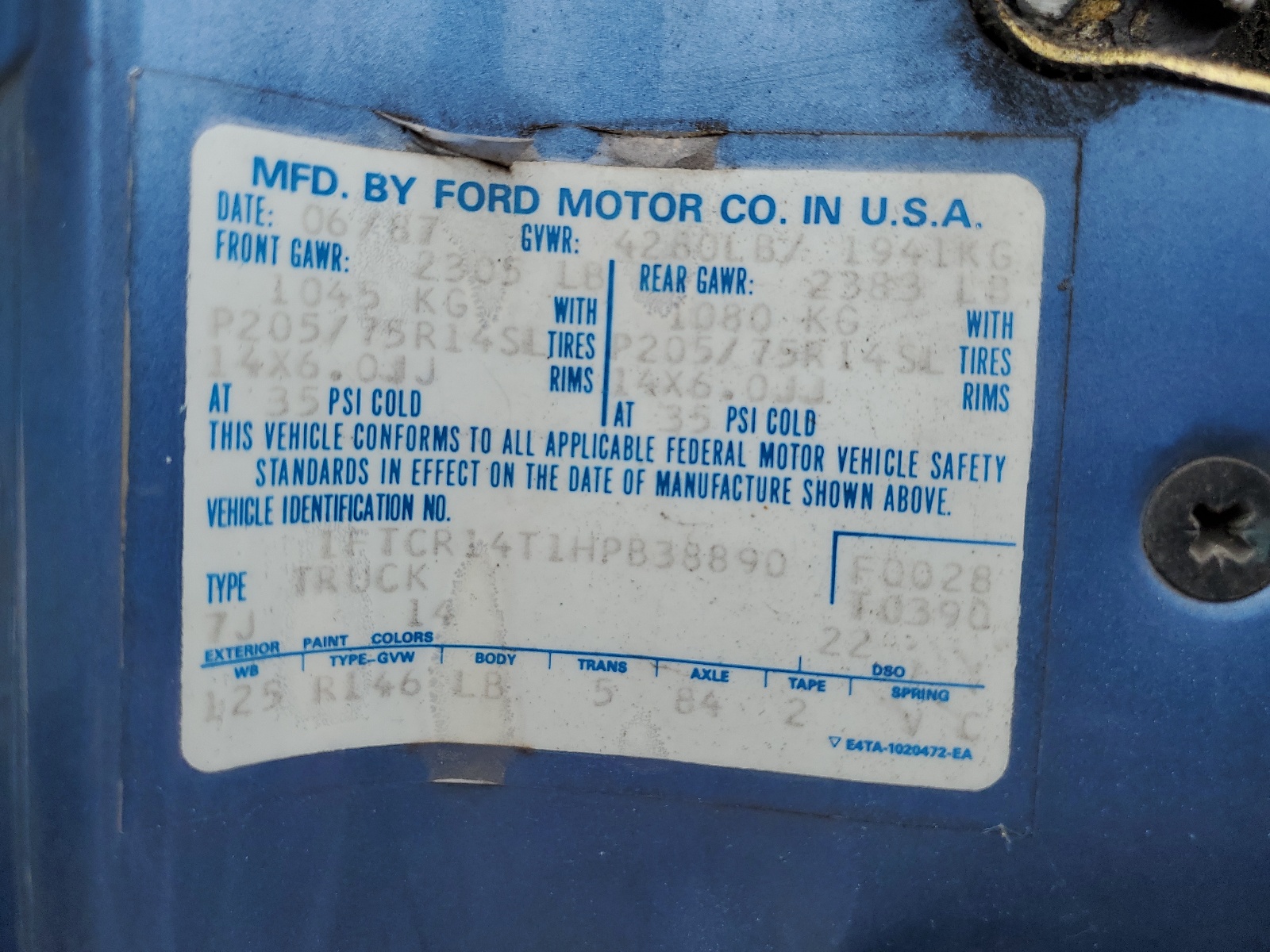 1FTCR14T1HPB38890 1987 Ford Ranger Super Cab